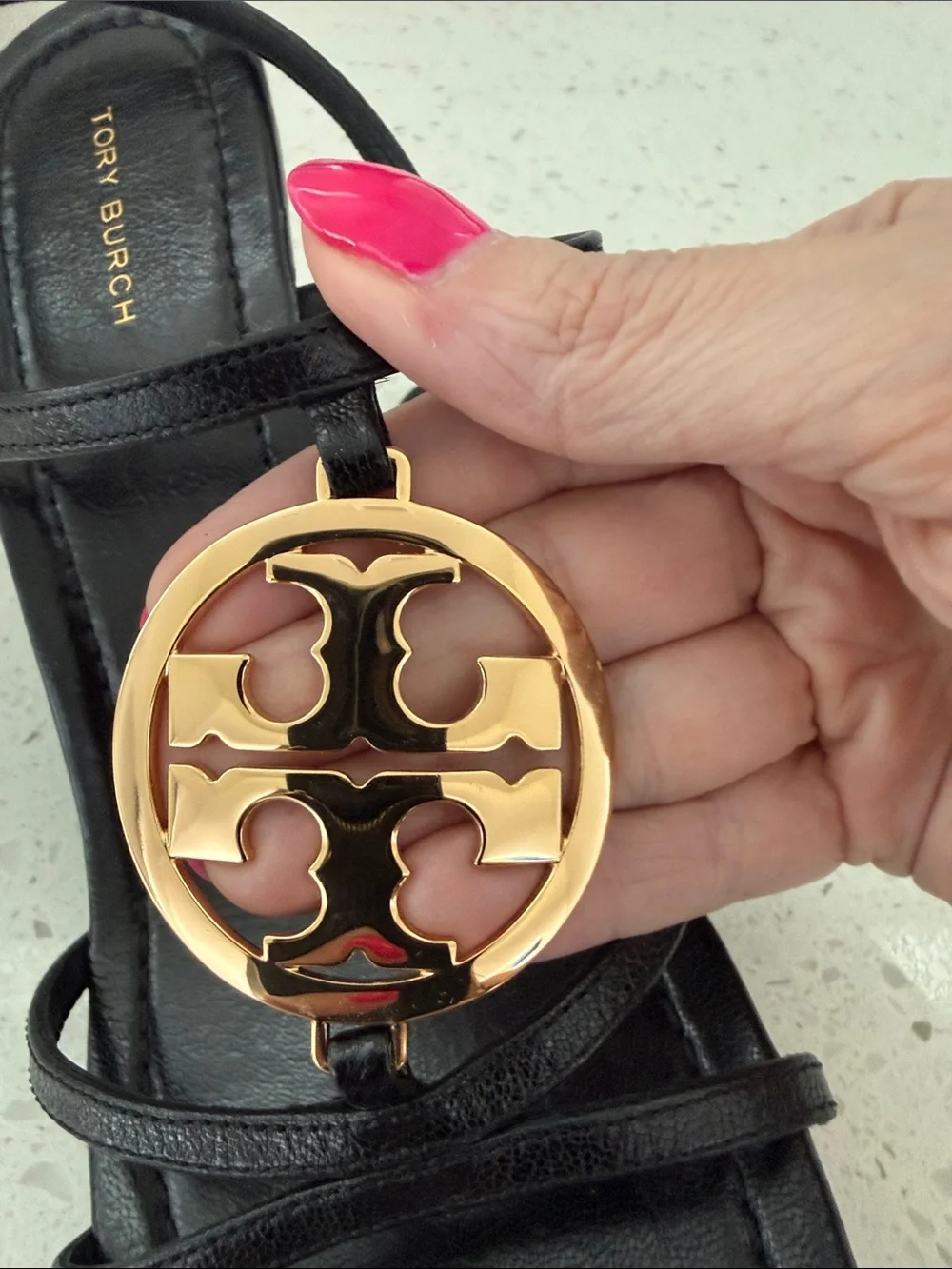 Tory Burch Capri Miller Strappy Wedge Sandals Perfect Black Gold Medallion